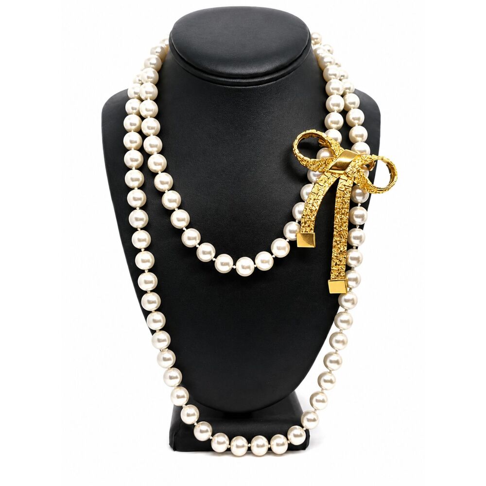 VINTAGE FAUX PEARL Necklace Gold Bow Brooch Set Long Knotted Long Strand Pearls